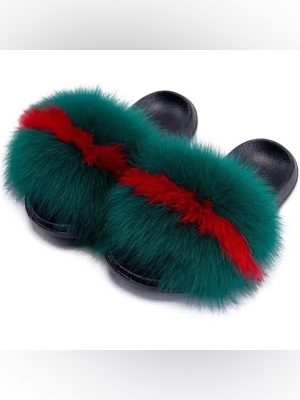 Faux Fur Slide Sandals - Green with Red Accent
